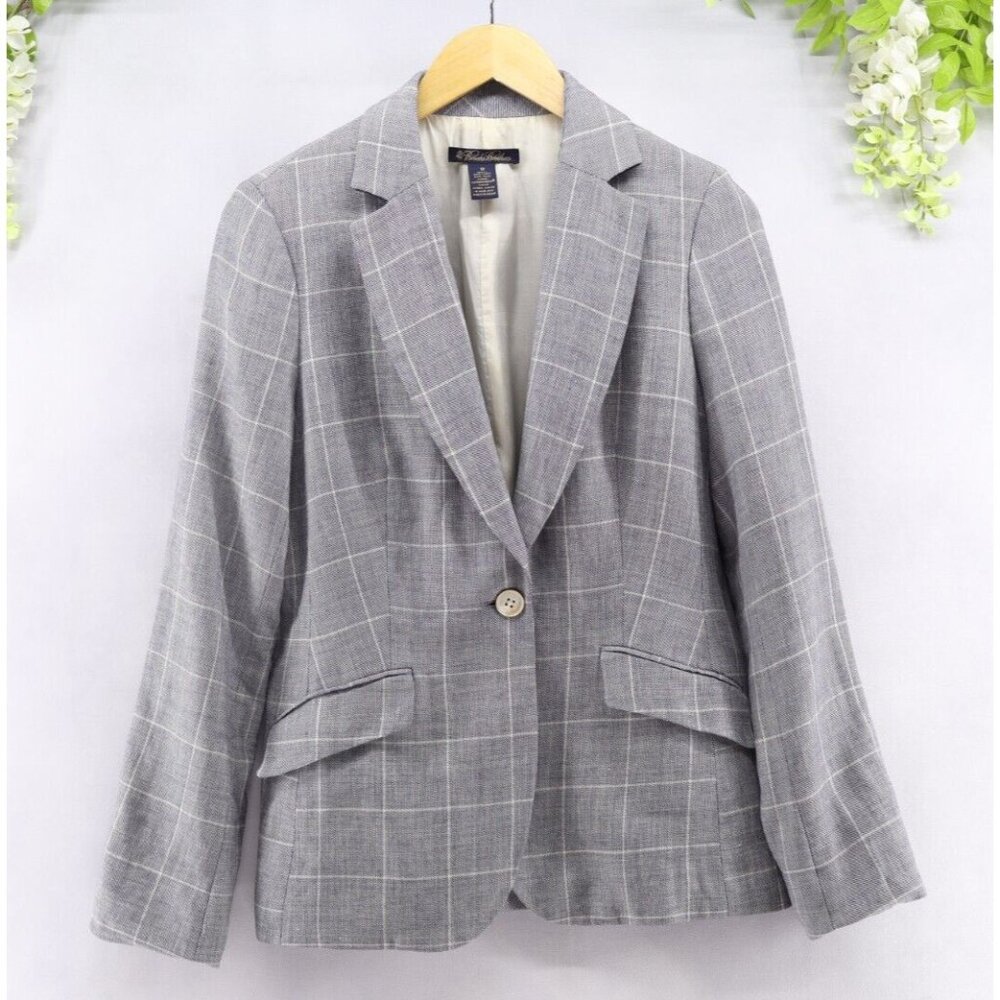 Brooks Brothers Women's Linen Wool Windowpane Blazer Jacket Blue Sz 10